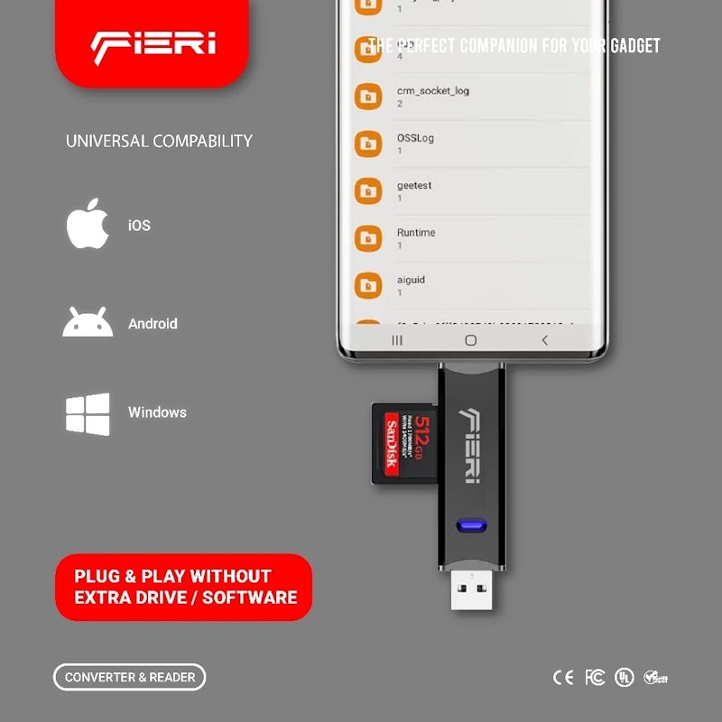 Fieri Dual Card Reader USB-A 3.0 & USB Type C Super Speed LED 4