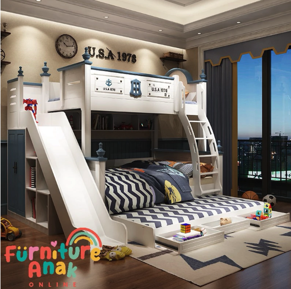 Tempat Tidur Anak Tingkat dengan Perosotan Navy 3