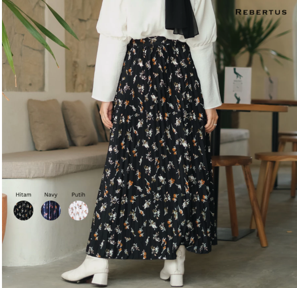  Rebertus Rok Plisket Wanita Motif Bunga Kecil Karina