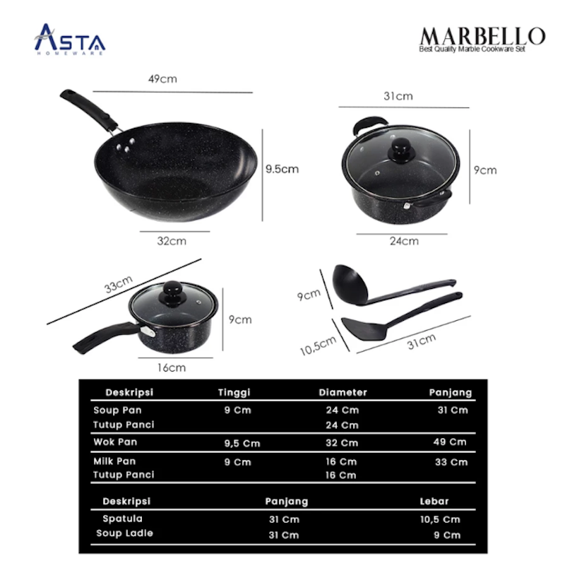ASTA Panci Set Marbello Lengkap 7 Pcs Anti Lengket 5
