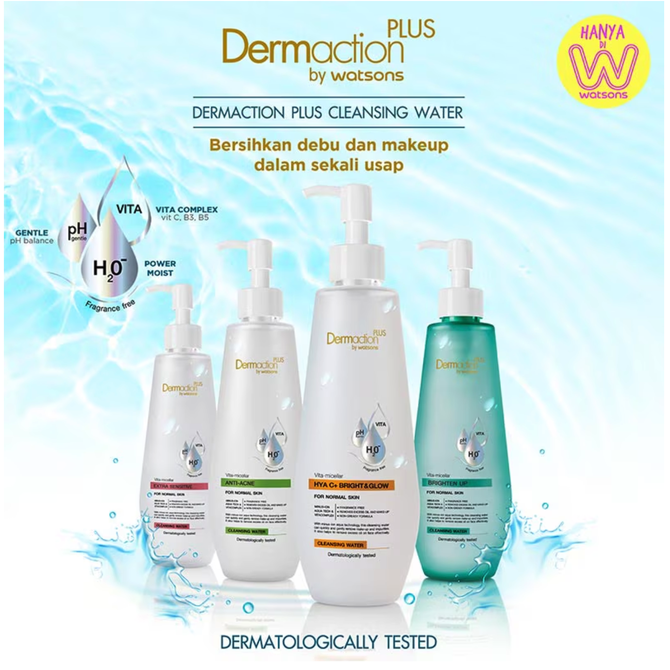 Duta Intidaya TBK Watsons Indonesia Dermaction Plus By Watsons Vita-Micellar Hya C+ Bright & Glow Cleansing Water