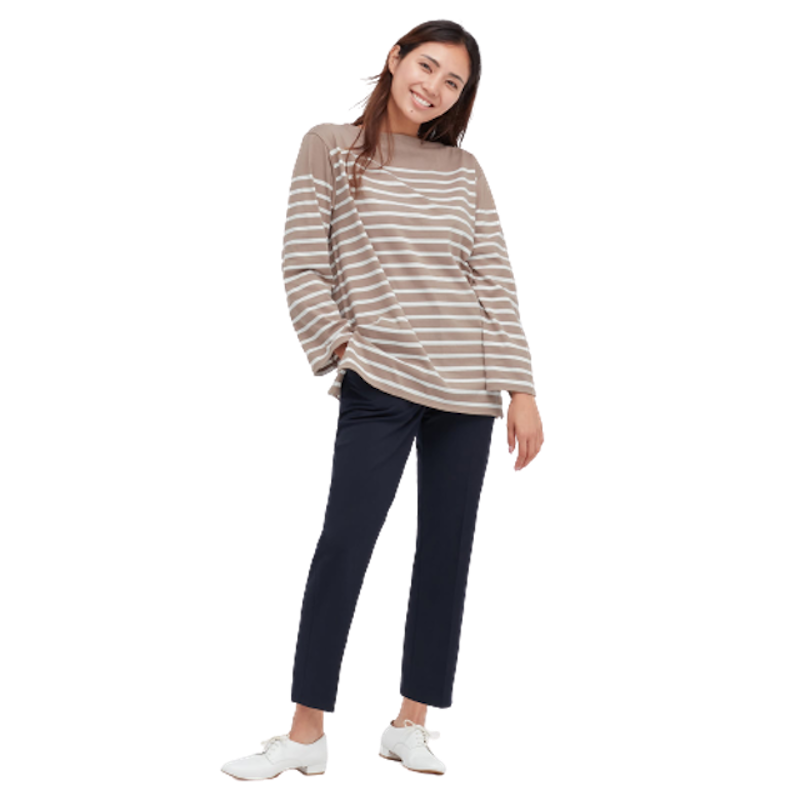 Women T-Shirt Garis Oversized Lengan Panjang 3