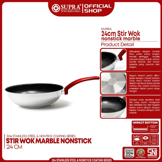 Supra Teratai Metal Supra Panci Stainless SUS 304 Stir Wok Marble 24 Cm Red 