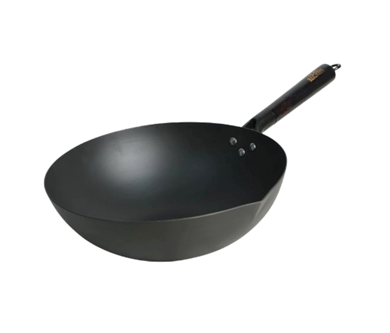 KOCH&BACKEN® Carbon Steel Wok Deep Nitriding Flat Bottom with Wooden Handle 30 cm