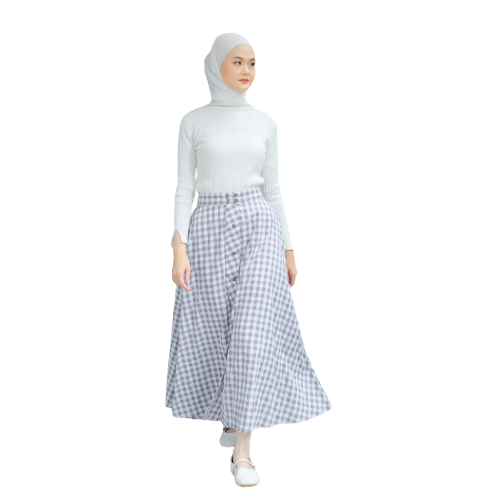 Zizava SKirt - Rok Flare Kancing Motif Gingham Kotak