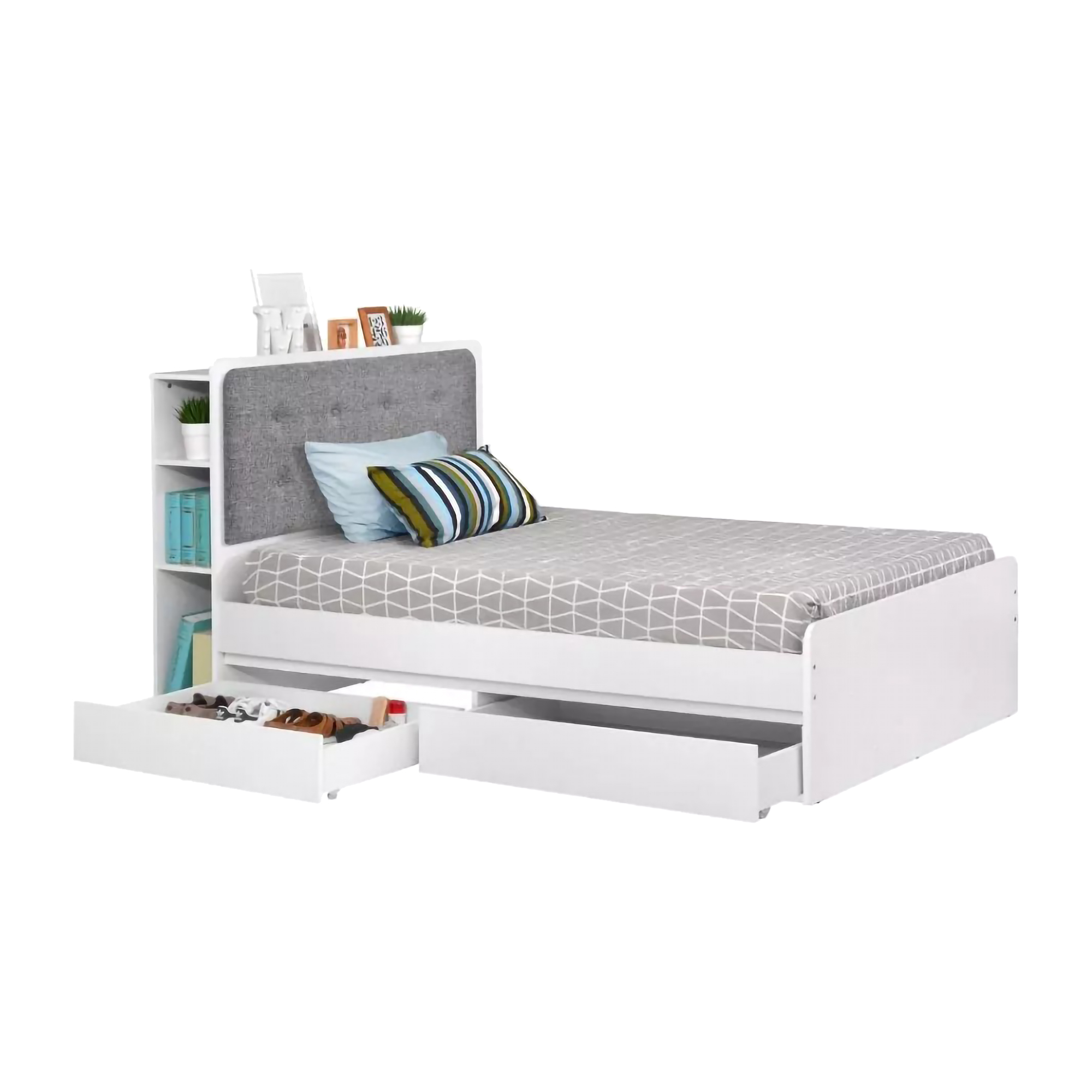 Mobelio Ranjang Tidur dengan Laci dan Rak Minimalis Putih Eclipse