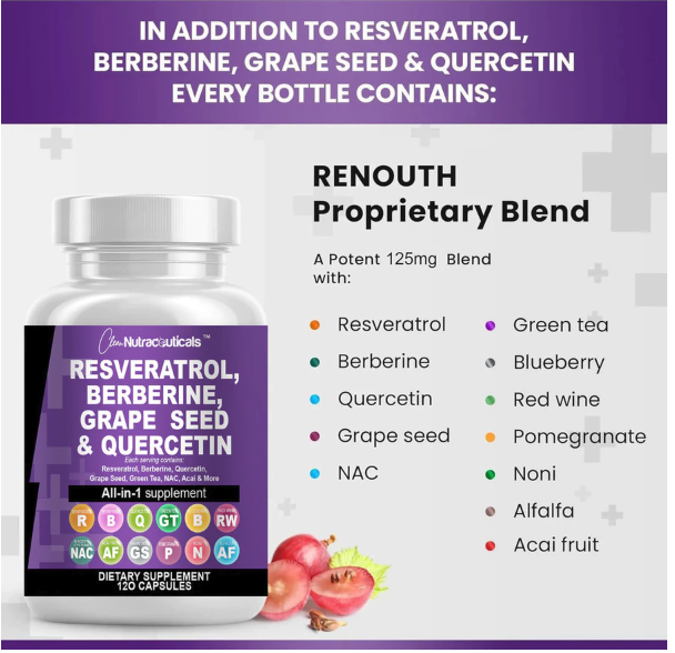  Clean Nutraceuticals Resveratrol, Berberine, Grape Seed & Quercetin