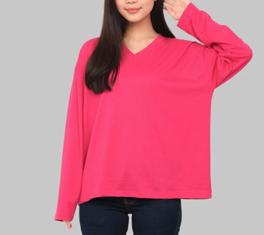 Monellina Kaos Oversize Wanita Lengan Panjang V-Neck Polos