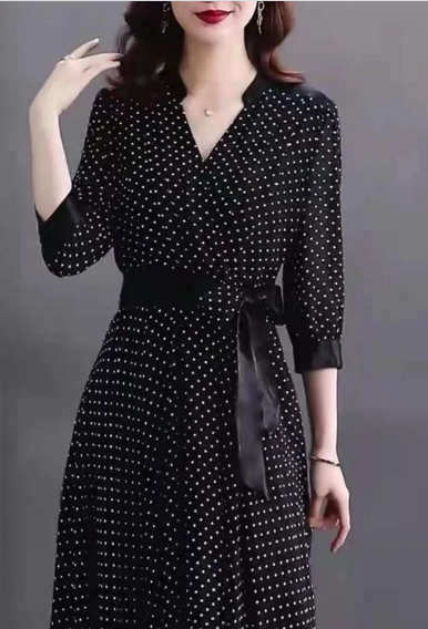 Susana ID Korean Chiffon V Neck Dress Small Dots  D056