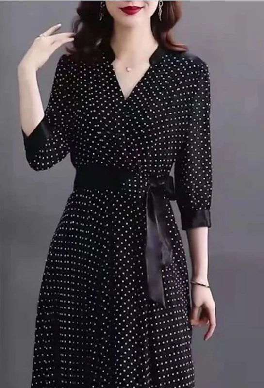 Korean Chiffon V Neck Dress Small Dots 3