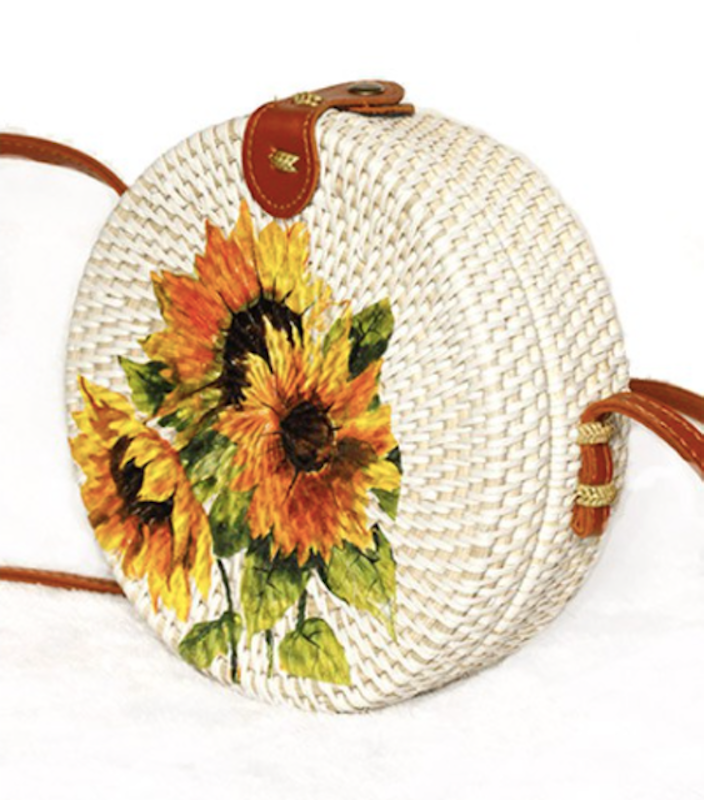 Tas Rotan Bali Bulat Lukis Decoupage Motif Bunga 1