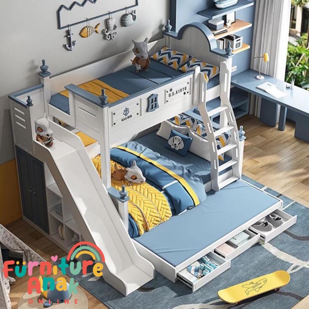  Furniture Anak Online Tempat Tidur Anak Tingkat dengan Perosotan Navy 