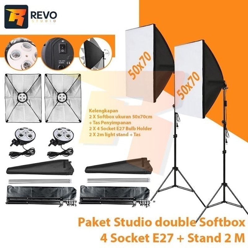 Paket Double Softbox 4 Socket E27 + Light Stand 2M + Extra Bag 3