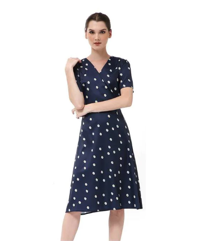 Hamlin Rachel Dress Wanita Lengan Pendek Motif Polka Dark Blue