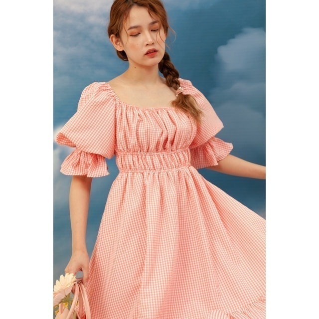 Allison Midi Dress in Peach Pink Tartan