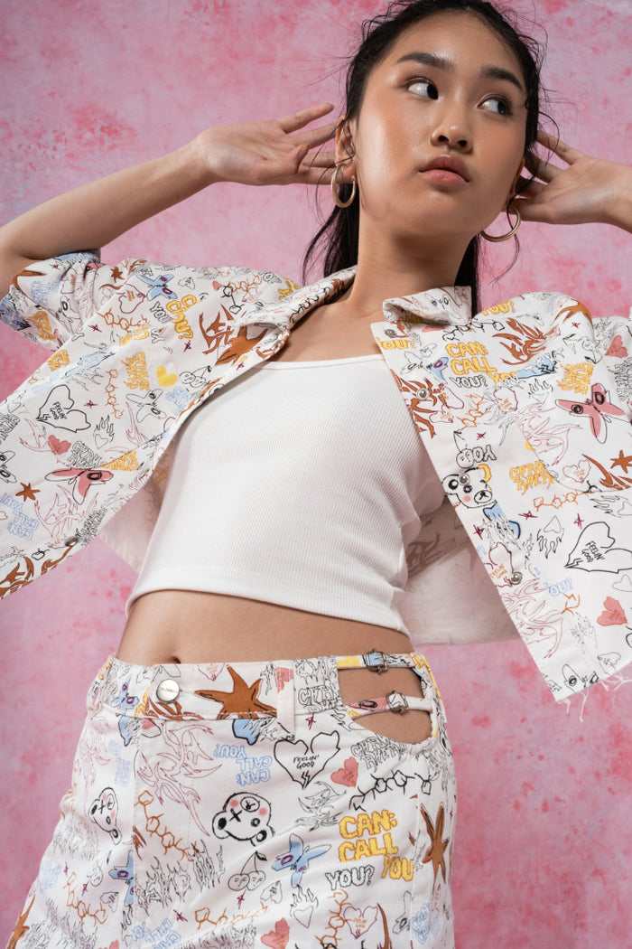 Cut Out Waist Printed Denim Shorts 5