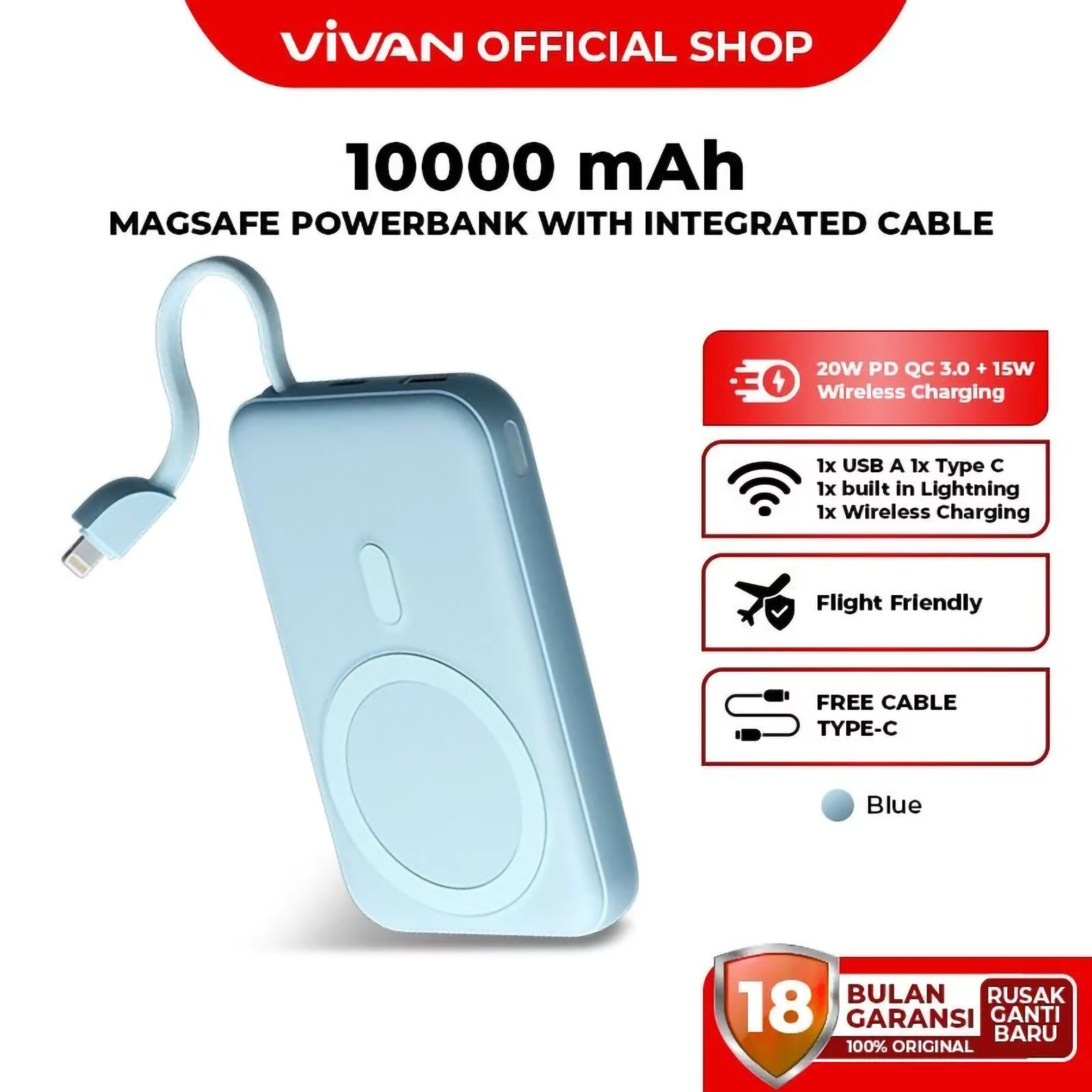 Wook Global Technology Vivan 10000 mAh Magsafe Powerbank with Integrated Cable VPB-W13 