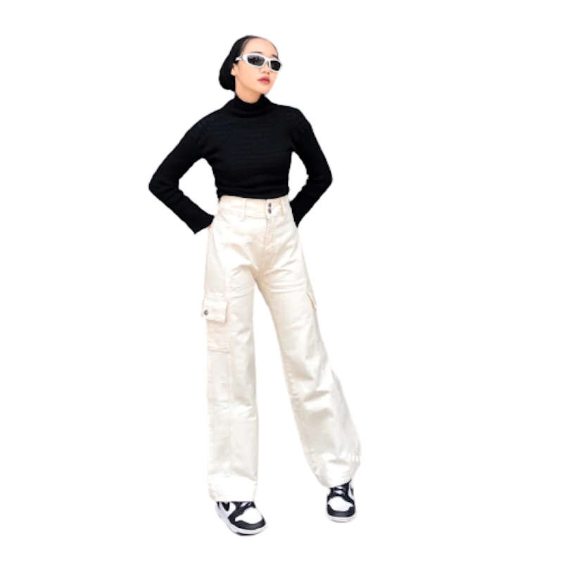 Highwaist Cargo Loose Jeans Khaki 1