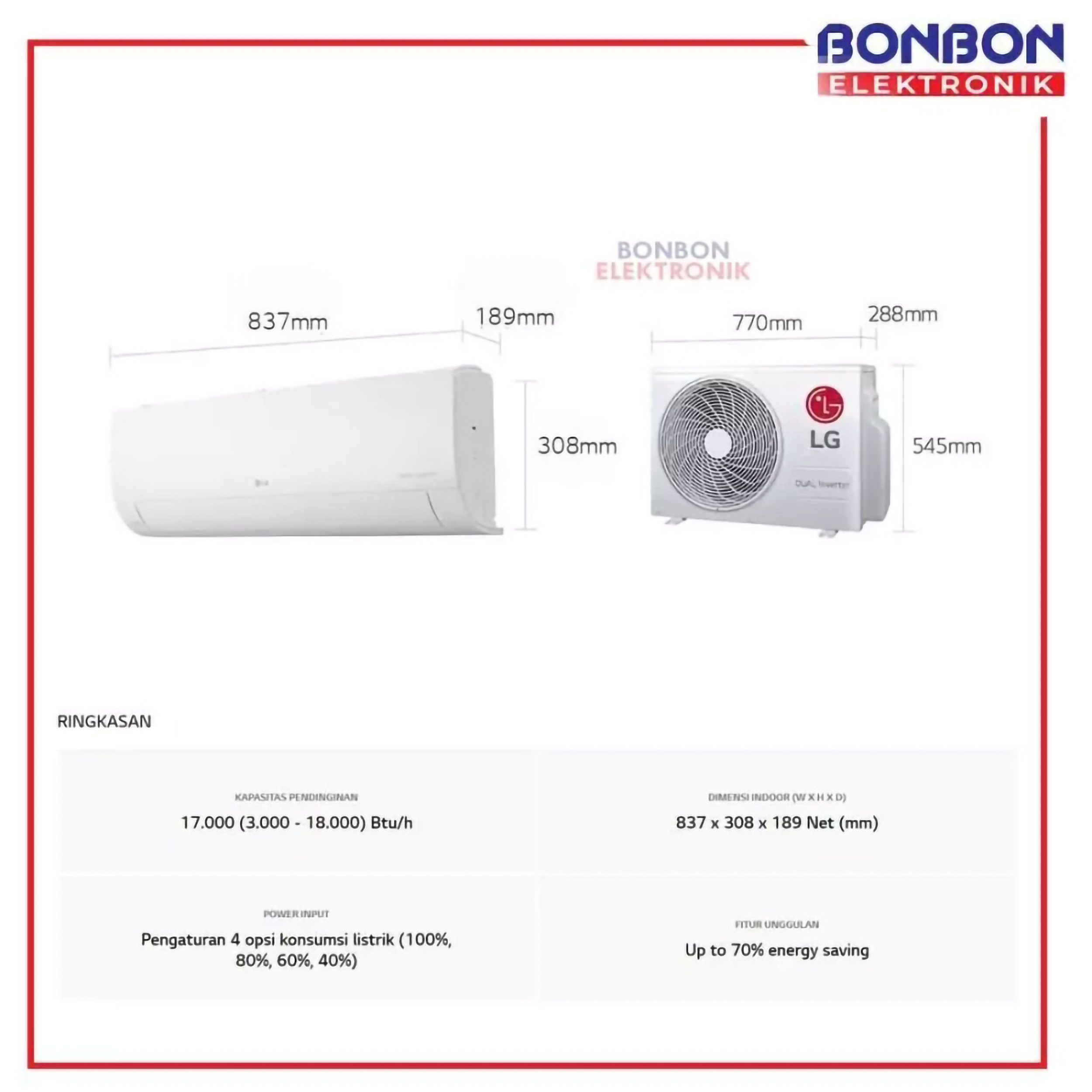 LG Electronics Indonesia LG AC Split Dinding Smart Inverter DUALCOOL 2 PK T18EV5