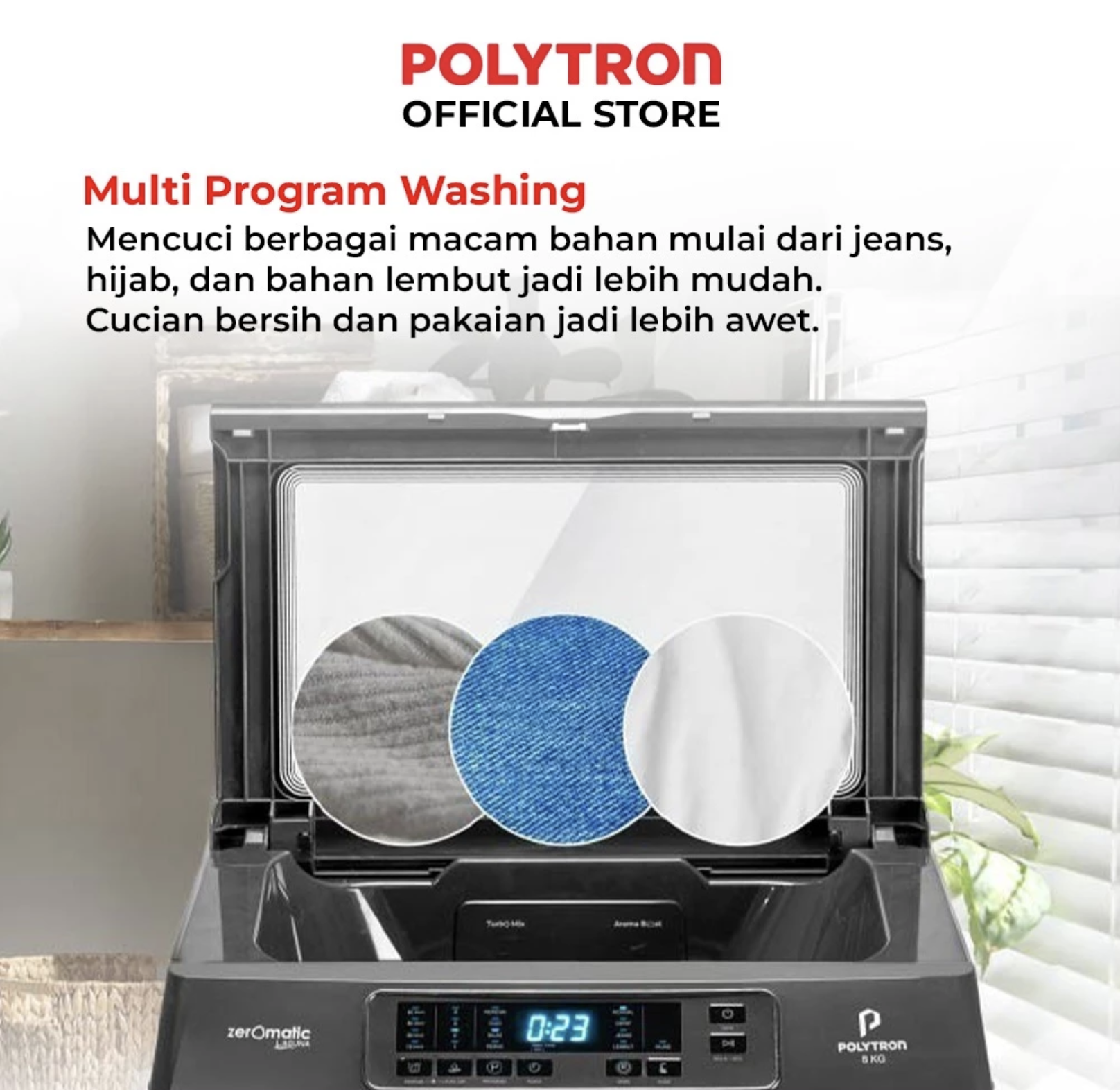 Hartono Istana Teknologi Polytron Mesin Cuci 1 Tabung Zeromatic Laguna Series Hijab 8 kg PAW 8028Y