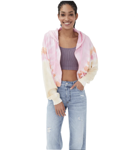 Oversize Tie Dye Full Zipper Crop Hoodie - Pink ｜ AHZC 01