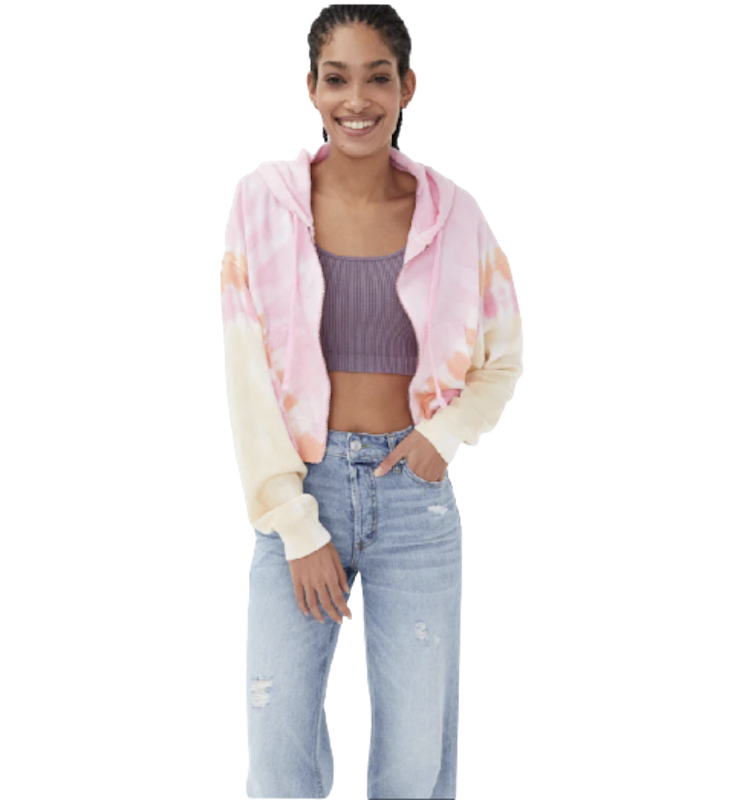Oversize Tie Dye Full Zipper Crop Hoodie - Pink 1