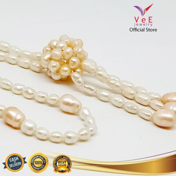 Vee Jewelry Kalung Mutiara Asli Air Tawar Lombok 3 Juntai