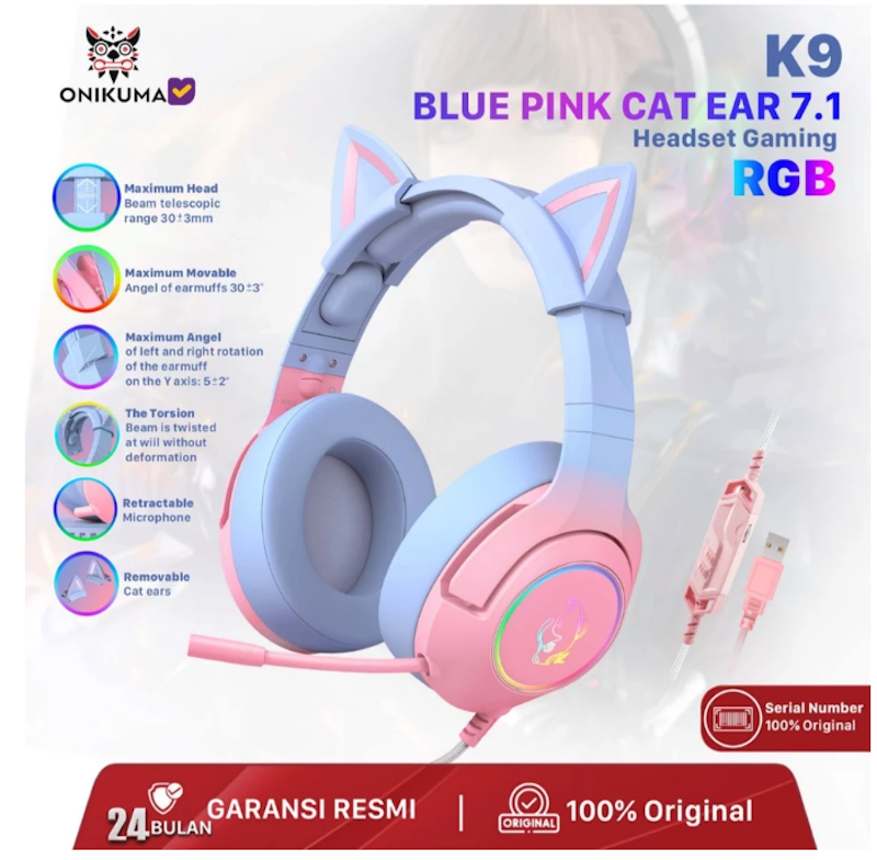 ONIKUMA 7.1 All Surround Headset Gaming with Cat Ears 2
