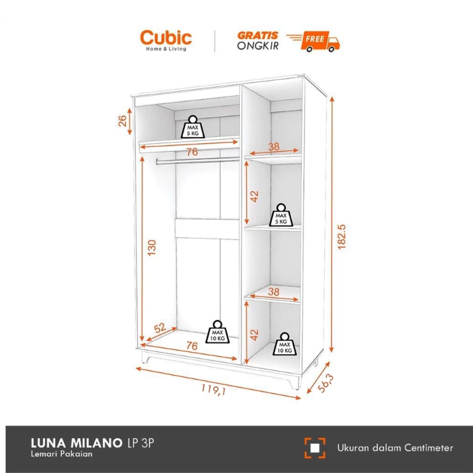 Cubic Home Living Cubic Luna Milano Lemari Pakaian 3 Pintu