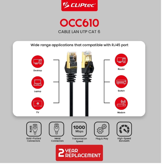 Cliptec Technology Cliptec Cable Lan UTP CAT6 Gold Plated 10 meter OCC610