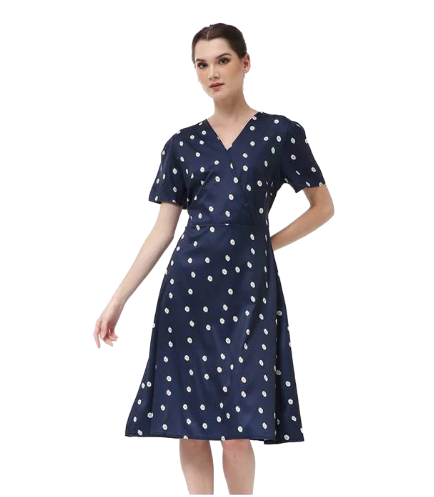 Rachel Dress Wanita Lengan Pendek Motif Polka Dark Blue