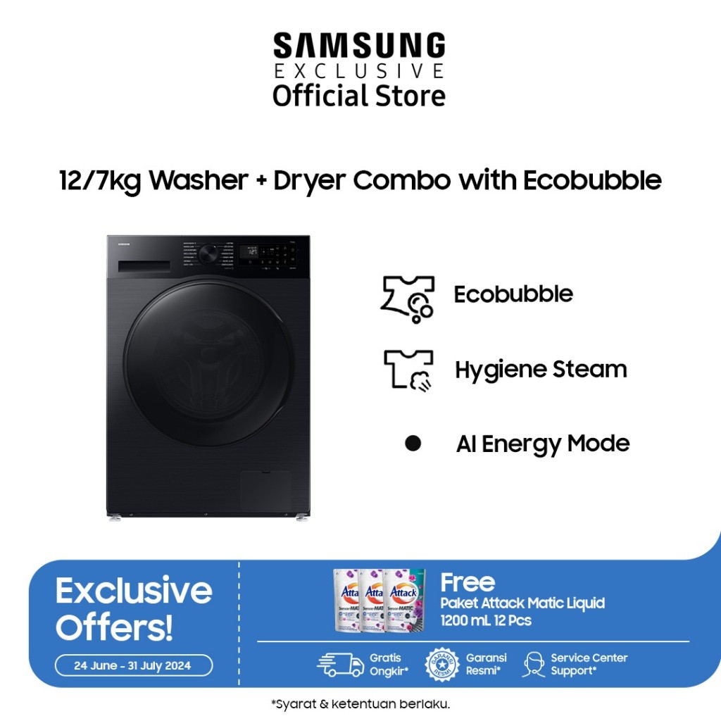 Samsung Electronics Samsung 12+7 kg Laundry Front Load Washer+Dryer AI Ecobubble™ WD12DG5B15BBSE