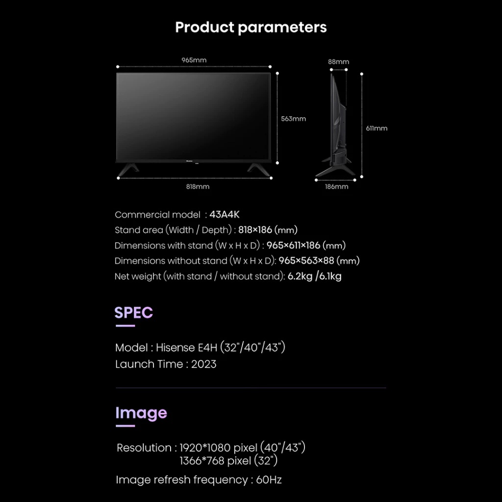 Hisense Hisense Vidaa Smart Digital TV 43 inch 43E4H