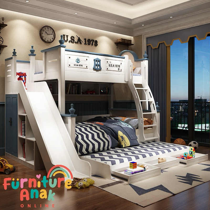 Furniture Anak Online Tempat Tidur Anak Tingkat dengan Perosotan Navy 