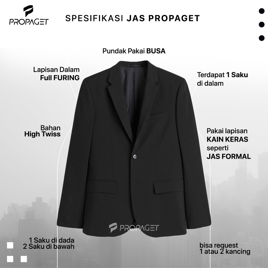  Propaget Jas Formal Pria Slimfit Hitam List Putih
