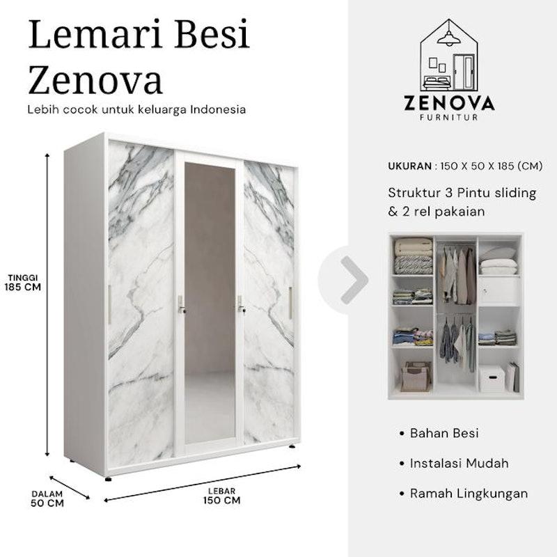 ZENOVA Lemari Pakaian Besi 3 Pintu 5
