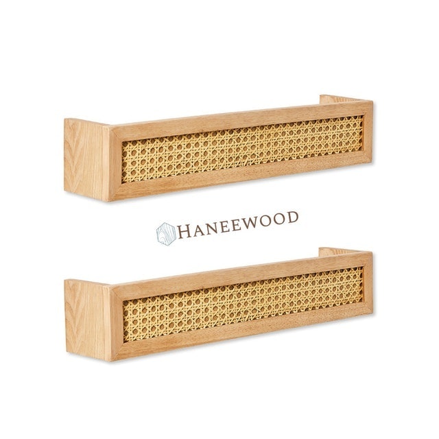 Haneewood Rak Majalah Aesthetic Kayu Jati Belanda Kombinasi Rotan Dekorasi Dinding