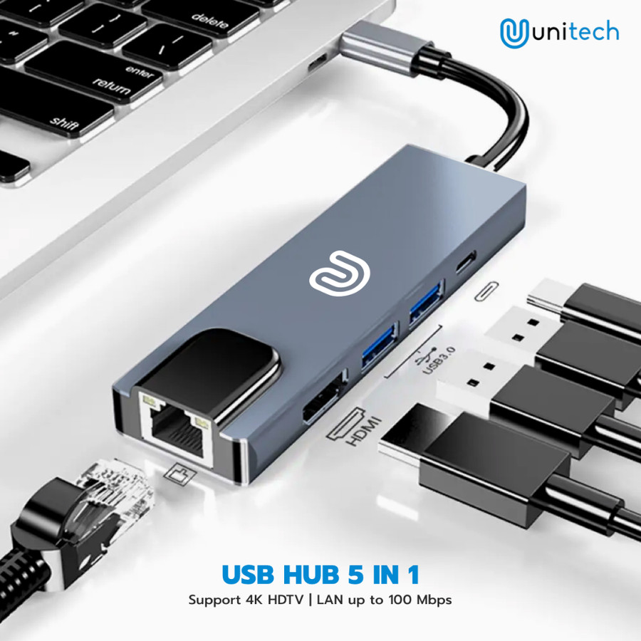 Unitech Indonesia Unitech USB HUB Converter 5in1 Type C HUB 3.0 4K HDMI + LAN