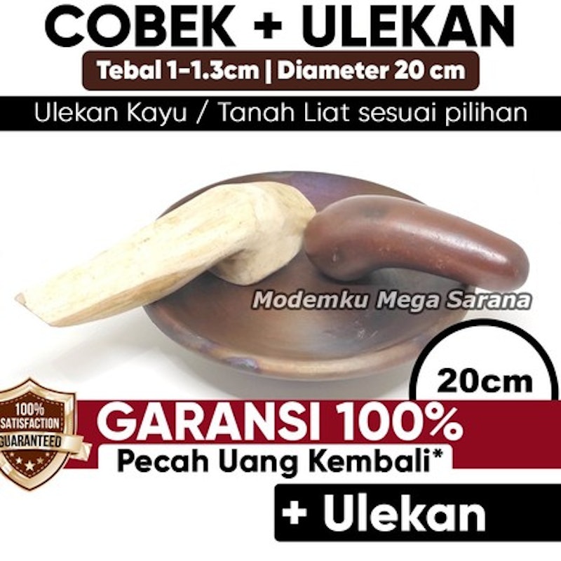 Cobek Tanah Liat Cokelat + Ulekan 20 cm 2