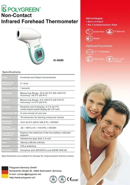 K-Jump Health POLYGREEN Non-contact Infrared Thermometer  KI-8280