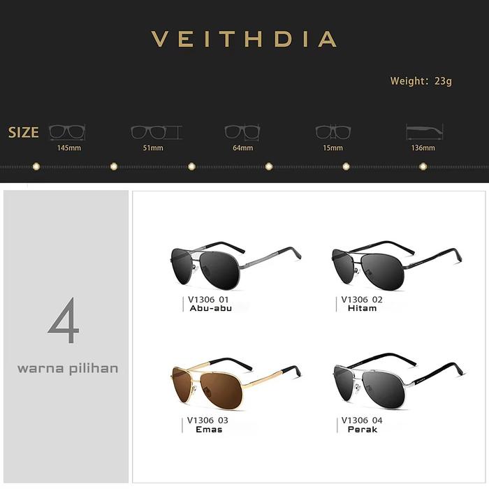 Linhai Aoshi Glasses VEITHDIA Kacamata Aviator Polarized Anti Sinar UV 1306