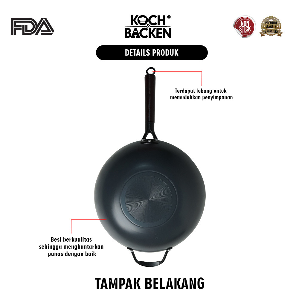 Koch Backen International KOCH&BACKEN® Carbon Steel Wok Ceramic Coating Flat Bottom With Wooden Handle 32 cm