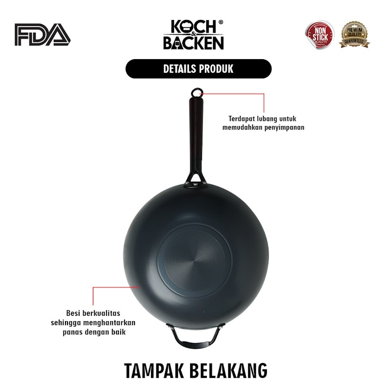 KOCH&BACKEN® Carbon Steel Wok Ceramic Coating Flat Bottom With Wooden Handle 32 cm 2