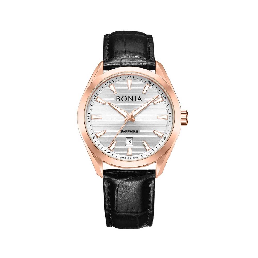 Bonia Elegance White Silver Dial Black Leather Strap Analog  1