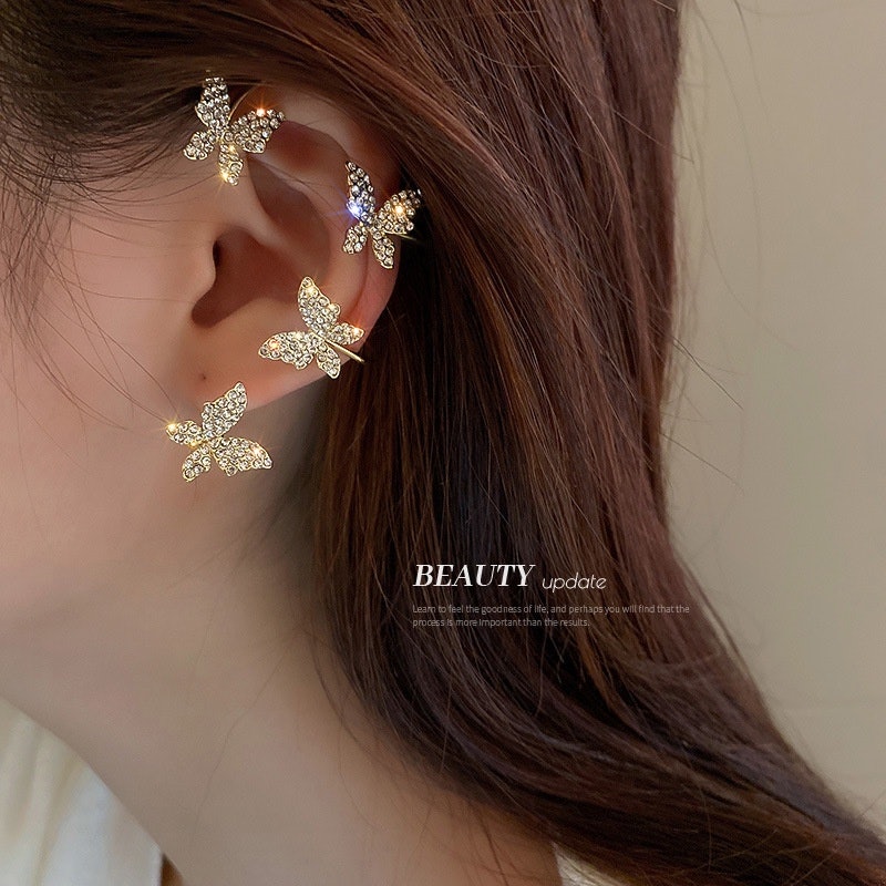 Simple Gold Silver Earrings Butterfly Crystal Ear Clip 4