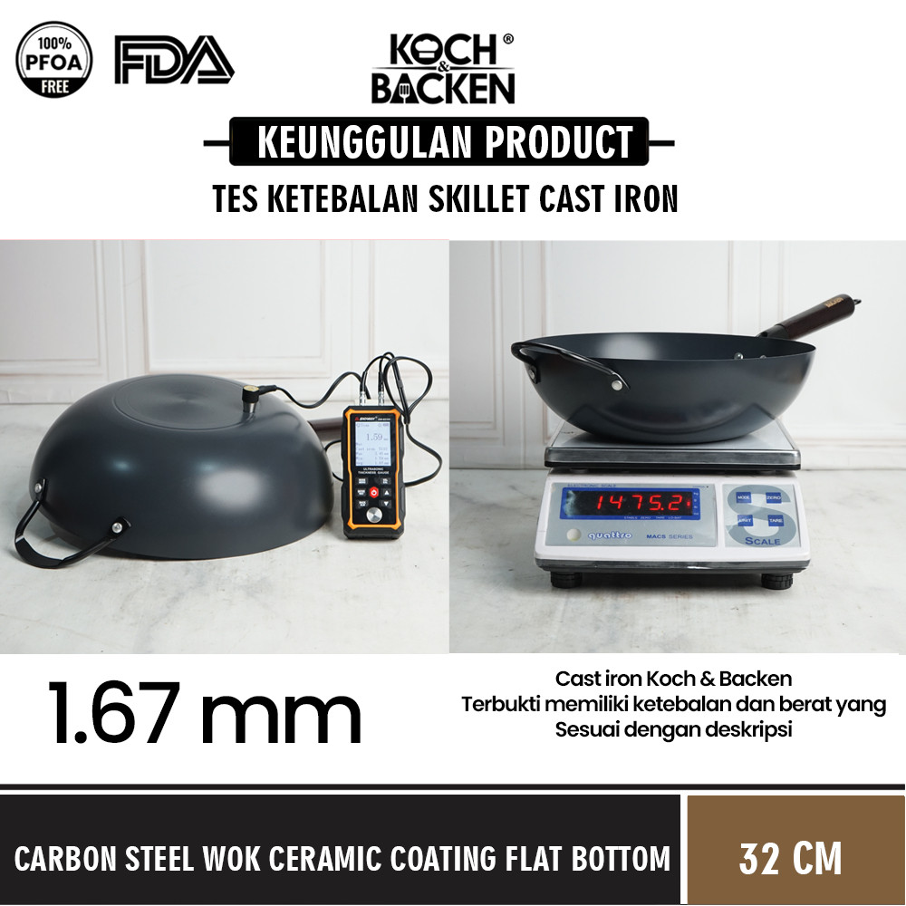 Koch Backen International KOCH&BACKEN® Carbon Steel Wok Ceramic Coating Flat Bottom With Wooden Handle 32 cm