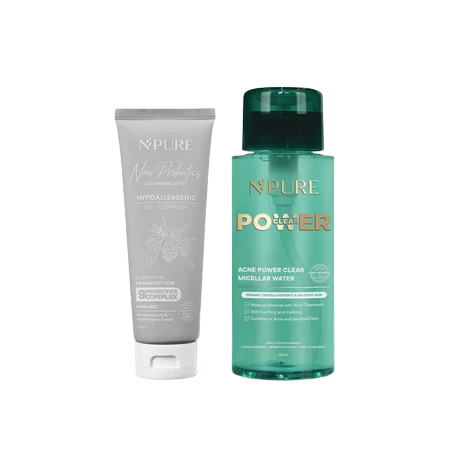 N'PURE ｜ Paket Double Cleansing Noni Probiotics Gentle Gel Cleanser + Acne Power Clear Micellar Water