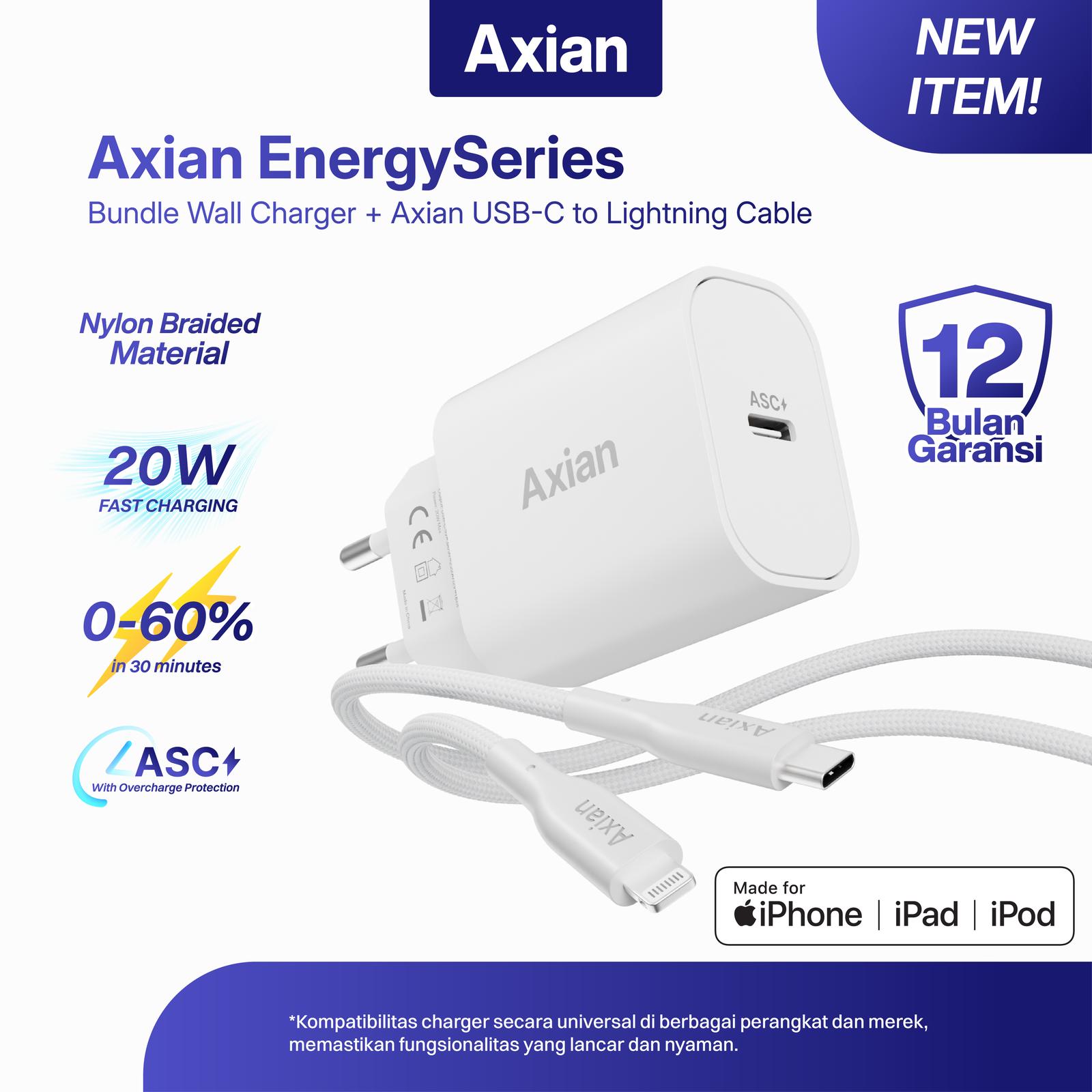  Axian Energy Series Bundle Wall Charger + USB-C to Lightning Cable