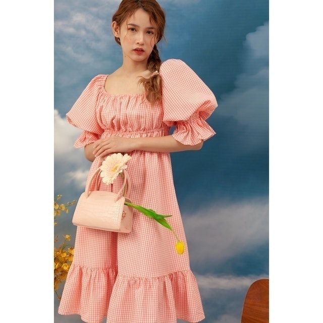 Le Bijou Allison Midi Dress in Peach Pink Tartan