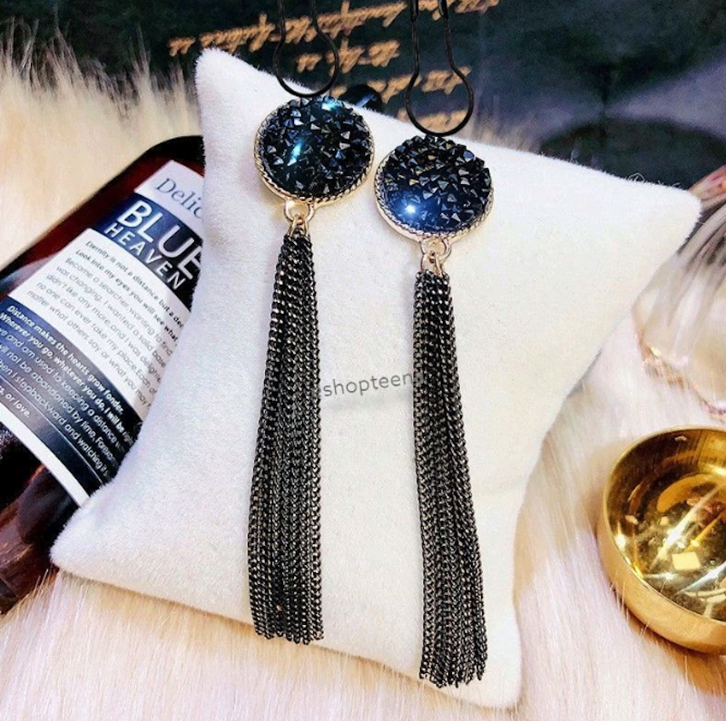Anting Hijab Juntai Gold Diamond Full Hitam 2